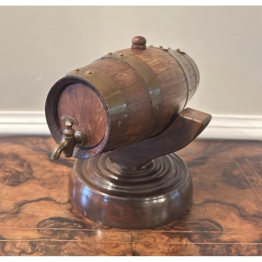 Handmade Spain Wood Barrel Cask w/ Brass Bands & Spigot on Stand‎ Vintage